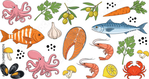 Hand-drawn vector collection of fresh seafood, healthy vegetables, and cooking ingredients like salmon, octopus, shrimp, mussels, and herbs for restaurant menu design