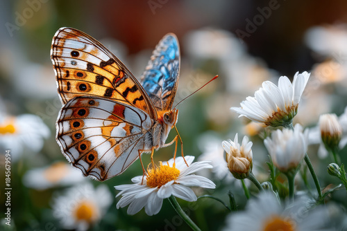 Colorful butterfly resting on white flowers in a vibrant garden setting