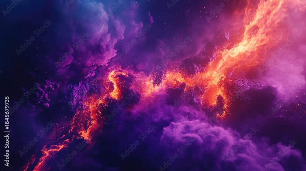 Obraz premium Cosmic nebula presenting an abstract background of swirling purple and orange gas clouds, radiating immense energy and stellar dust, perfectly capturing the grandeur of the universe