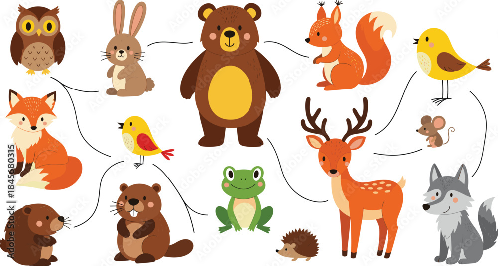 Fototapeta premium ACute Cartoon Forest Animals Vector Collection with Owl, Bear, Rabbit, Deer, Fox, and Squirrel Connected by Lines for Kids' Educational Designs