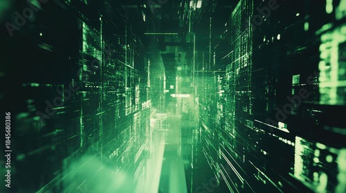 Fototapeta Naklejka Na Ścianę i Meble -  Abstract green and dark digital environment showing a complex network of illuminated lines and grids, representing data flow, connectivity, and technology concepts