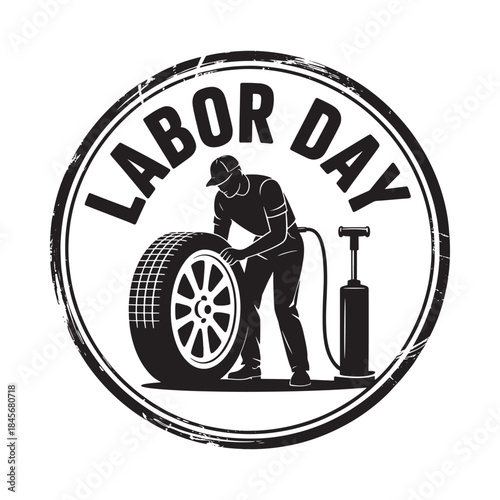 Vintage labor day emblem featuring a worker changing a car tire