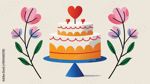 Cute heart shaped cake with white and orange frosting on blue cake stand with pink flowers on beige background for valentine's day