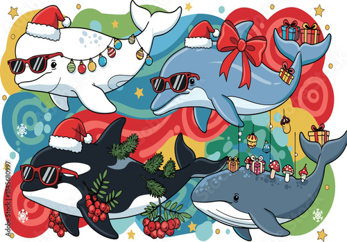 Christmas Whales and Dolphins Wearing Santa Hats and Sunglasses