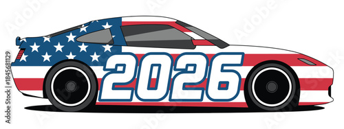Racing vehicle vector illustration showing a high-speed car with bold American flag graphics and number 2026, modern clean design ideal for motorsport, branding, and digital artwork