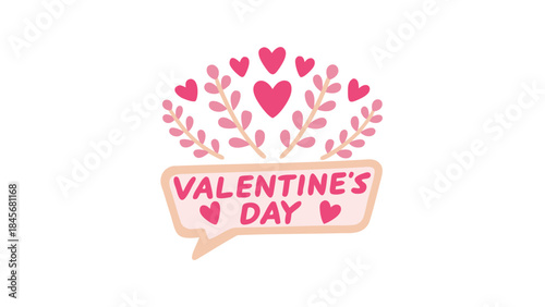 Happy valentine's day doodle style speech bubble with pink hearts and leaves on white background for love and romance