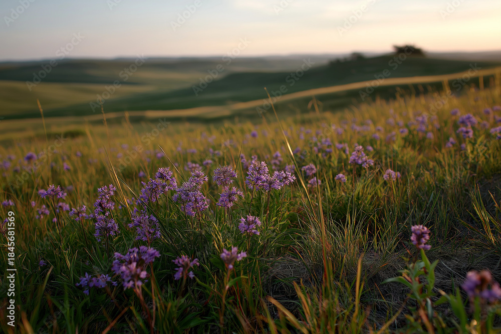 Obraz premium A stunning view of vibrant purple flowers scattered across a green grassy field, evoking feelings of peace and the beauty of blooming flora in nature's embrace.