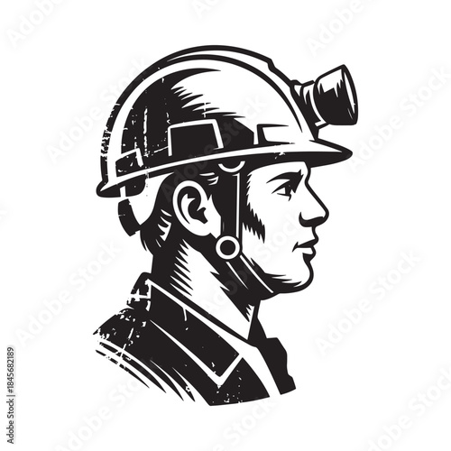 A vintage style illustration of a miner s helmet and profile portrait