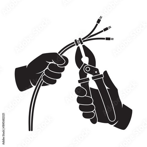 Hands using pliers to cut or strip a black electrical cable