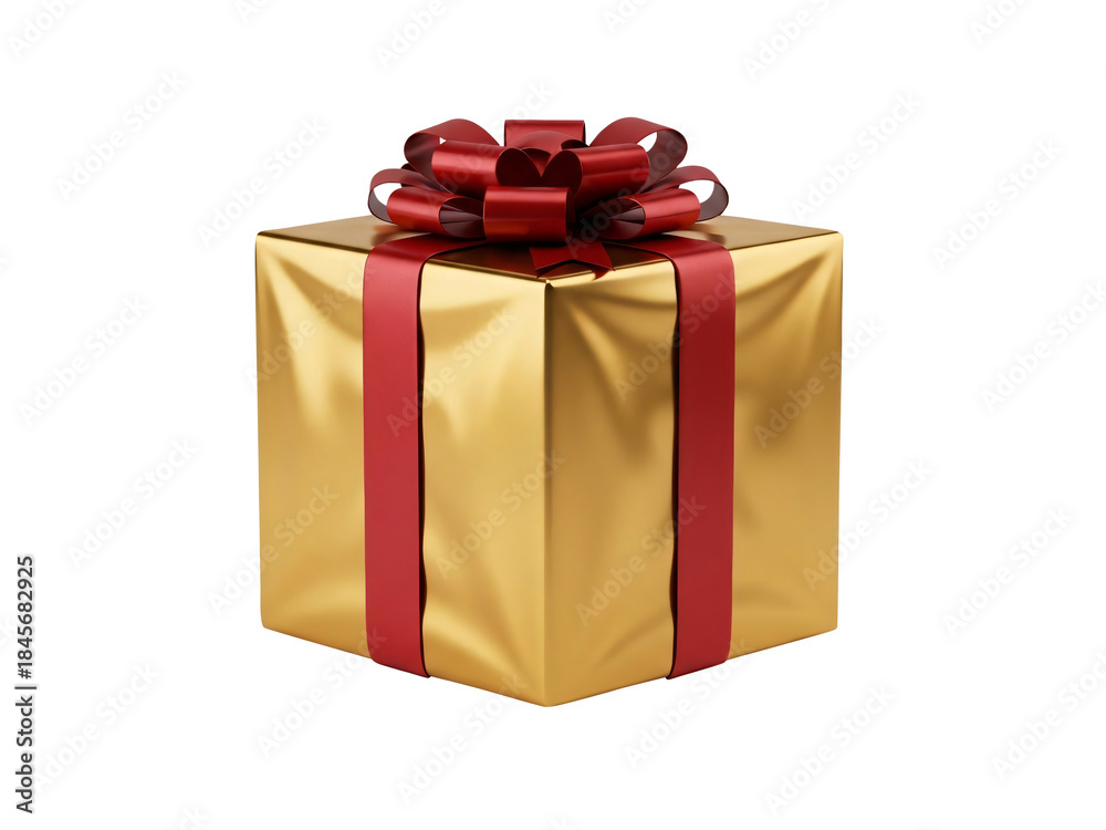 Obraz premium Golden gift box with red ribbon and bow, perfect for Christmas, birthday, or celebration on transparent background. PNG clip art for New Year card and holiday posters.
