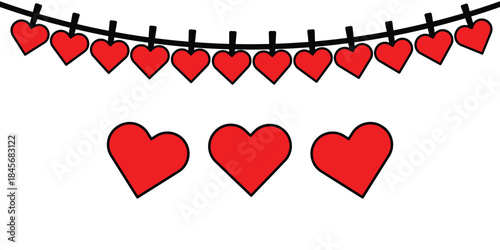A charming illustration of vibrant red hearts hanging on a string with three loose hearts below Vector