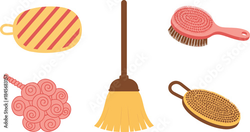 Cleaning and Grooming Brush Vector Collection Featuring Sweeping Broom, Loofah, Scrub Brush, and Body Massager for Household and Personal Care