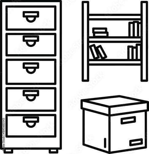 Simple line drawing of furniture including a dresser bookshelf and storage bin