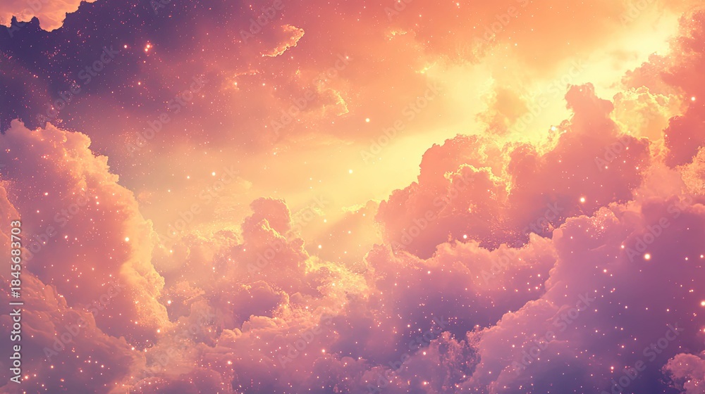 Obraz premium Ethereal clouds fill the evening firmament, illuminated by a warm vibrant light, creating a serene and mystical celestial backdrop scattered with shimmering stars