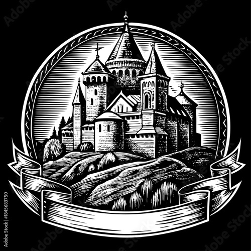 Vintage castle emblem in woodcut style. Medieval fortress logo with banner frame. Retro engraved castle illustration on black background.