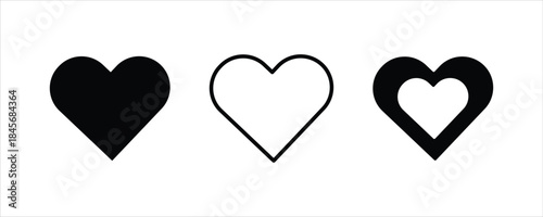 Three distinct heart icons in a row showcasing solid, outline, and layered designs Vector