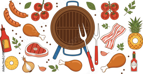 Outdoor Barbecue and Grilling Vector Collection with Meat, Sausages, Chicken, Pineapple, Tomatoes, and Grill Utensils for Summer Party Design