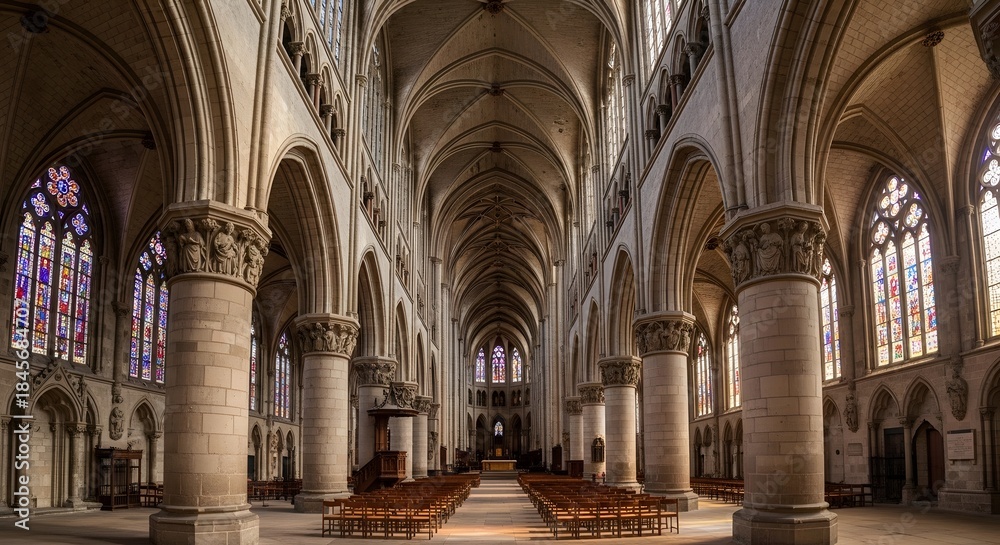 Obraz premium Majestic gothic cathedral nave interior with soaring vaulted ceilings and vibrant stained glass windows