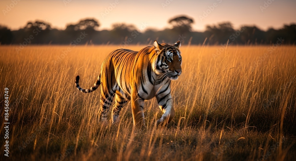 Fototapeta premium Majestic bengal tiger stalks through tall golden savanna grass during a warm sunset safari adventure