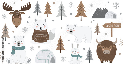 Adorable Winter Arctic Animals Vector Collection with Polar Bears, Moose, Arctic Fox, Yak, and Igloo for Holiday and Kids' Christmas Designs
