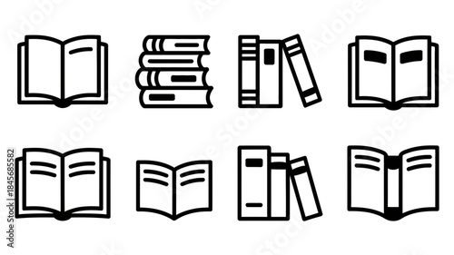 A set of various book icons in black and white for educational or literary use