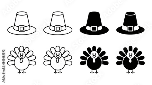 Black and white thanksgiving icons set with pilgrim hats and turkeys