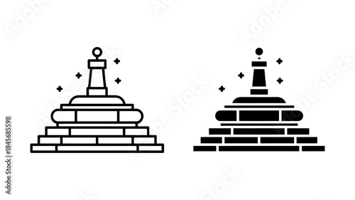 Black and white chess piece icons on brick pyramid structures with stars