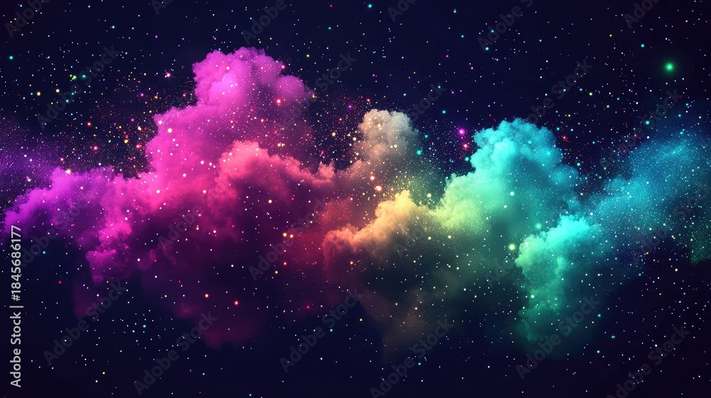 Obraz premium Cosmic nebula features vivid spectrum colors from pink to blue, creating ethereal cloud formations and sparkling stardust against a dark starry sky, representing the vastness of the universe