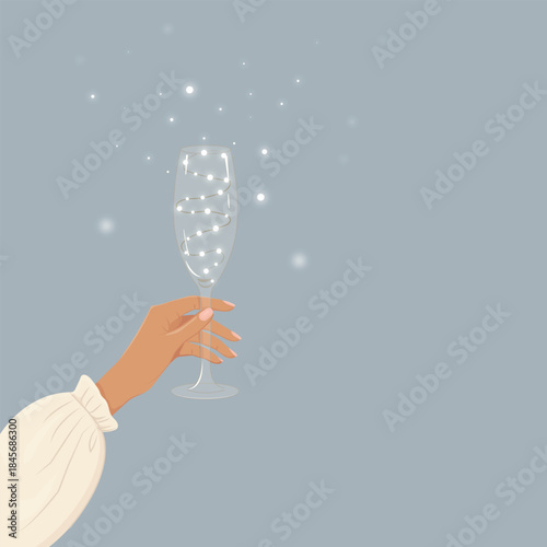 Minimalist vector illustration of a feminine hand holding a champagne flute with glowing fairy lights and soft snowfall on a gray background, ideal for New Year invitations, holiday greeting cards