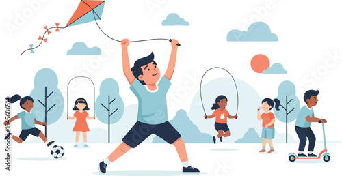 Diverse Group of Children Enjoying Outdoor Activities and Games in a Sunny Park