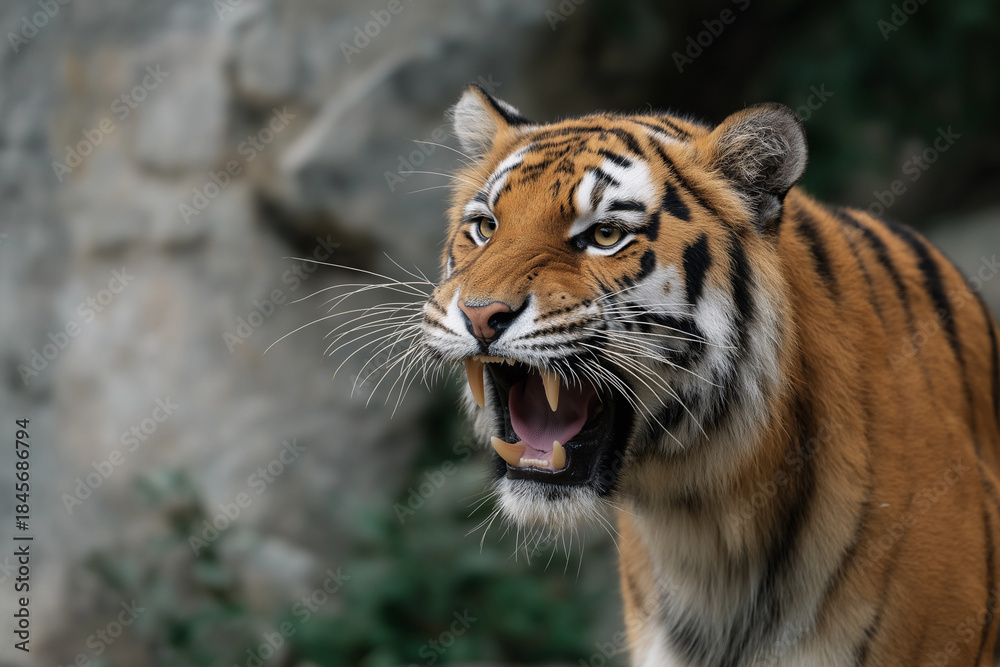 Fototapeta premium A stunning close-up of a roaring tiger showcasing its powerful physique, striking stripes, and intense gaze surrounded by natural foliage in its wildlife habitat.