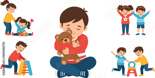 Childhood Moments Sadness Play and Friendship in Simple Cartoon Style