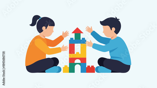 Diverse Children Building Together Colorful Blocks Play Early Education Concept Creative Fun
