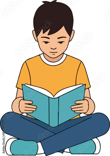 Young Boy Focused on Reading a Book Sitting Cross legged with Knowledge and Imagination