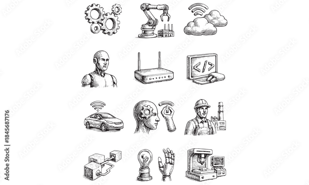 Fototapeta premium SEO-friendly Title (81 characters): Technology Icon Set Hand Drawn Sketch Style Vector Collection