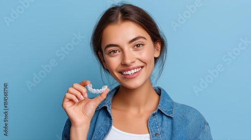 Smiling young caucasian female holding clear dental aligner on blue background