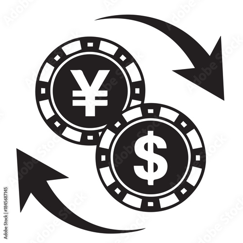 Black and white illustration of yen and dollar coins exchanging