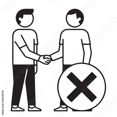 Two people shaking hands with one holding a refusal symbol