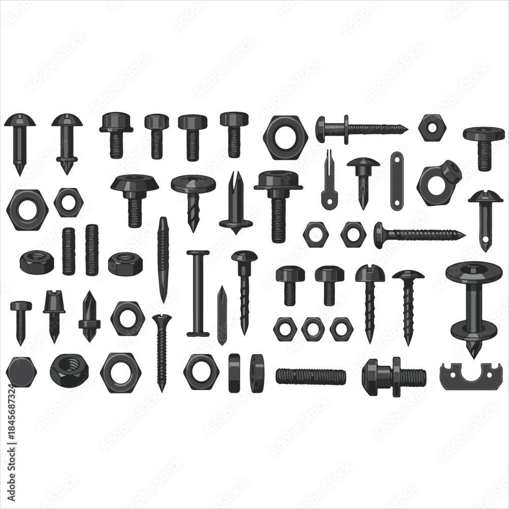 Fototapeta premium Collection of various screws and bolts isolated on white background