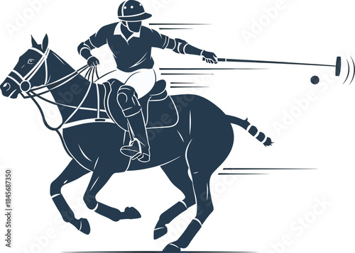 Detailed, colored vector illustration of a polo player on a powerful, dark horse hitting the ball. Excellent for equestrian sports publications, high-end branding, and competitive horse riding design.
