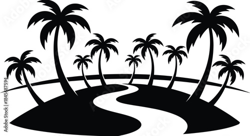 Tropical Island Path Silhouette Vector | Palm Tree Landscape Illustration