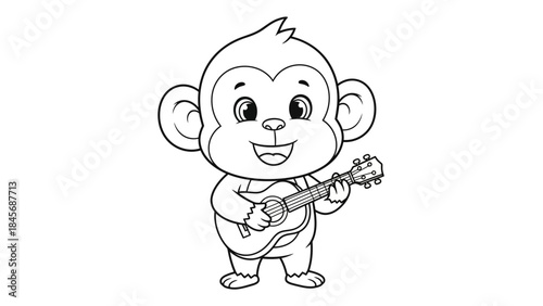 Cute Cartoon Monkey Playing Guitar Line Art – Smiling Animal Music Outline Illustration