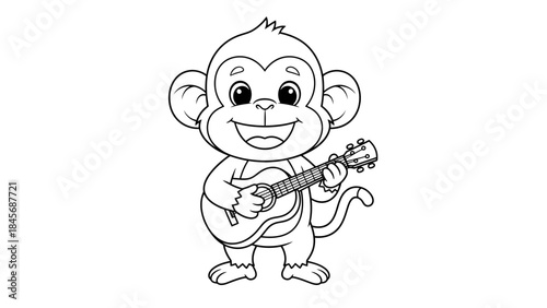 Cute Cartoon Monkey Playing Guitar Line Art – Smiling Animal Music Outline Illustration