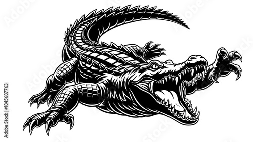 Ferocious Crocodile Alligator Illustration – Wild Reptile Predator Black Ink Artwork