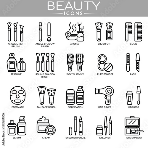 Beauty icon set featuring cosmetics, skincare, and personal care elements,