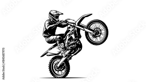 Motocross Rider Performing Wheelie Stunt – Extreme Dirt Bike Action Silhouette Illustration