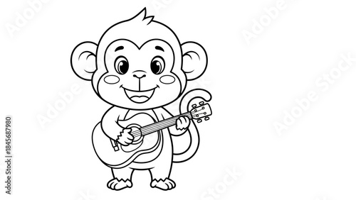 Cute Cartoon Monkey Playing Guitar Line Art – Smiling Animal Music Outline Illustration