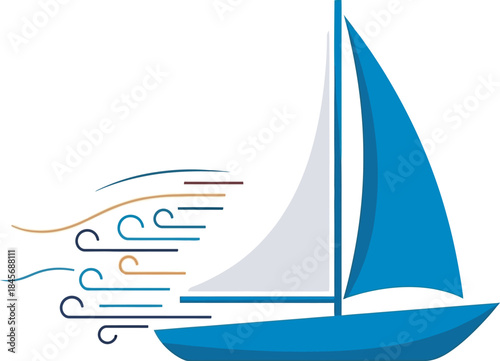Bold, stylized sailboat vector graphic in blue and white, depicting motion with dynamic, colorful wind lines. Ideal for travel, marine, water sports, or speed-related branding, logos, and advertising 