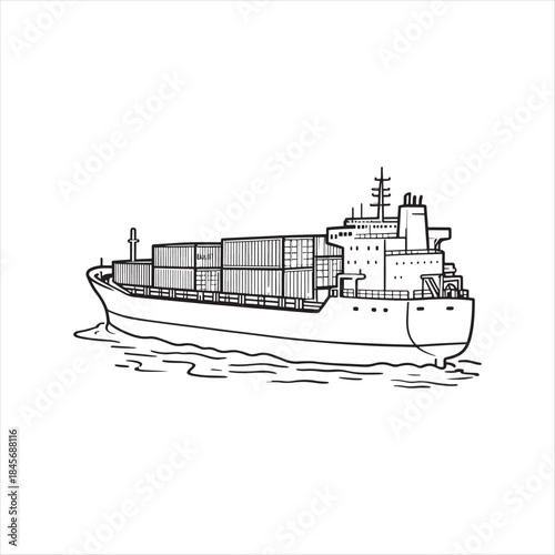 Illustrated cargo ship sailing on calm ocean waters