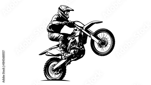 Motocross Rider Performing Wheelie Stunt – Extreme Dirt Bike Action Silhouette Illustration